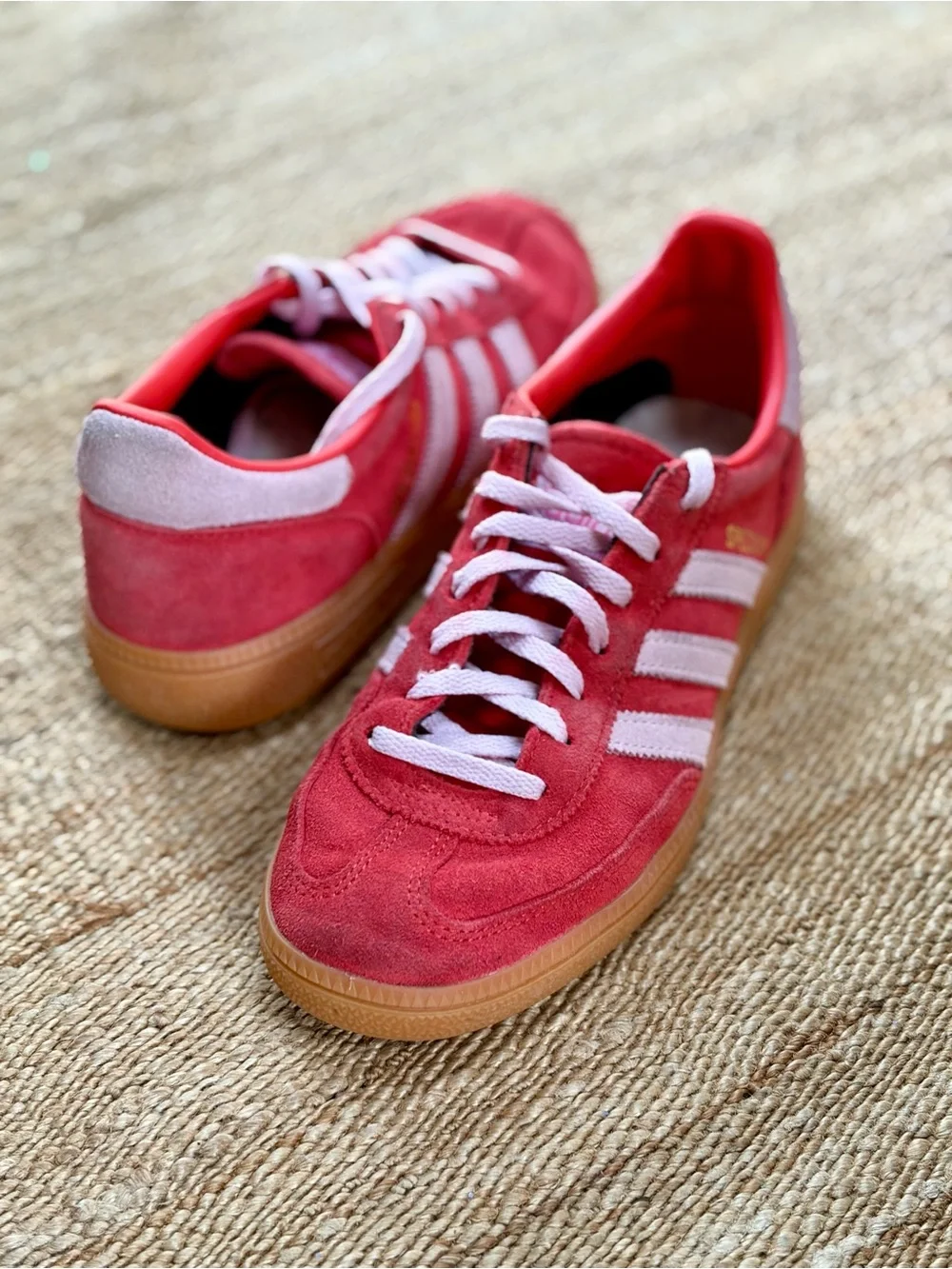 Adidas Red Suede Sneakers with Light Pink Stripes - Picture 6 of 7